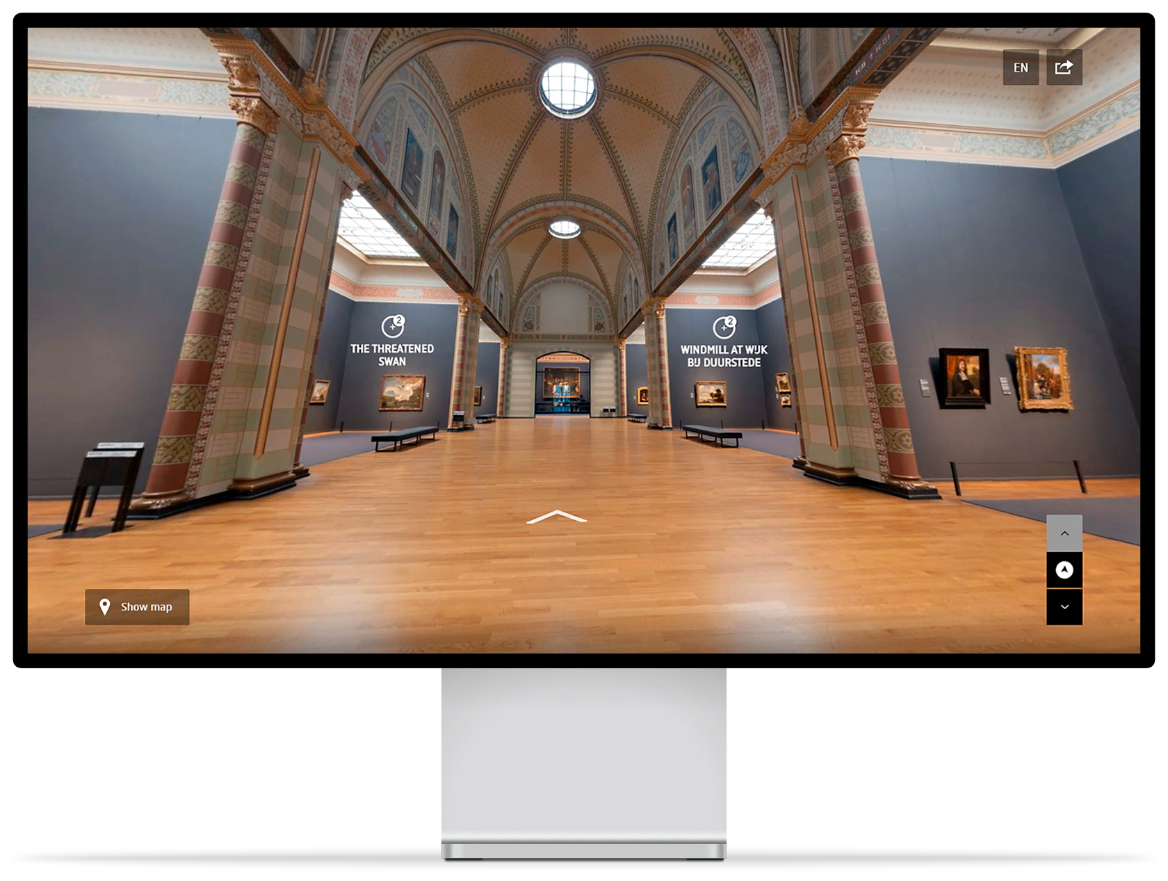 Beeldscherm met de virtuele tour door het Rijksmuseum