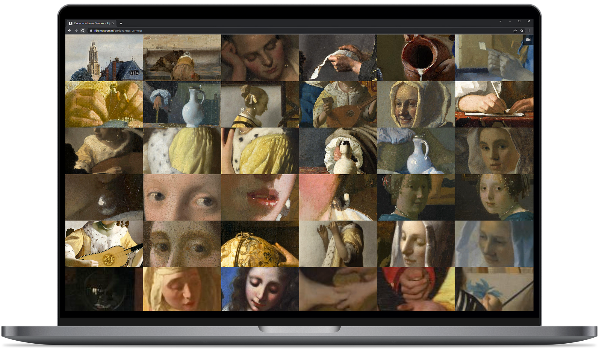 Laptop met snalle rechthoekjes uit schilderijen van Vermeer.