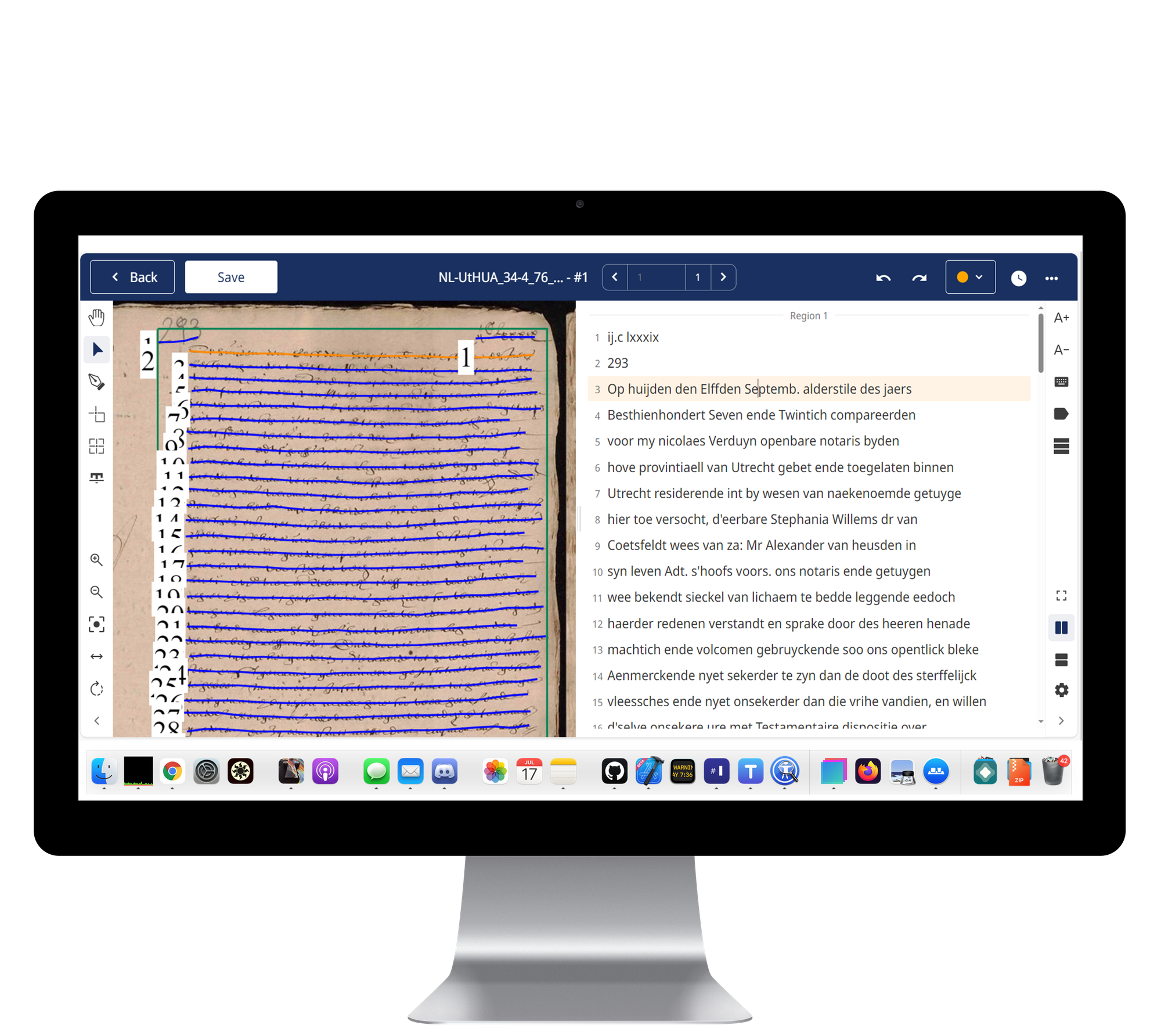 Printscreen of Transkribus with a scan of a handwritten text from The Utrecht Archives.
