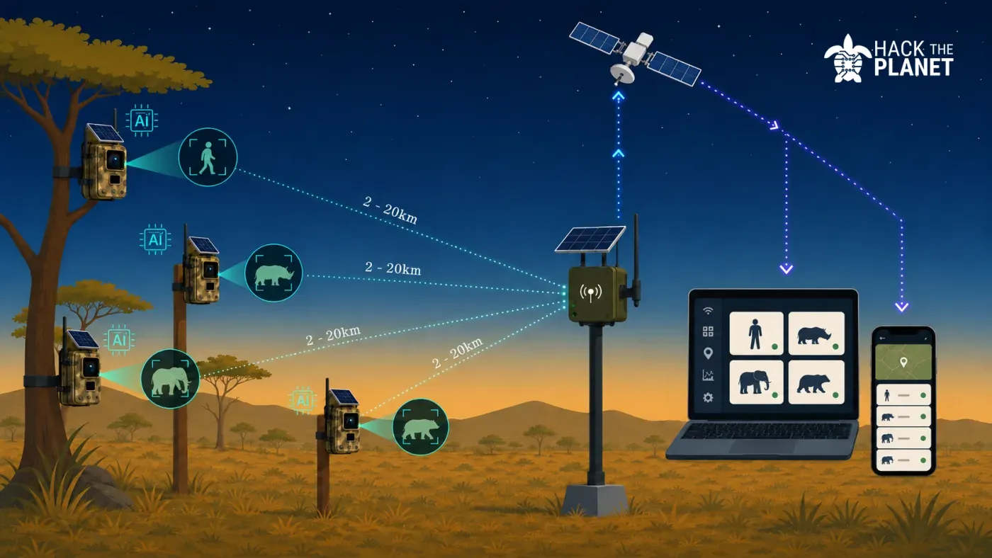Illustratie van een savanne met Instant Detect-camera's, basisstation en satelliet, waartussen zich verbindingslijntjes bevinden.