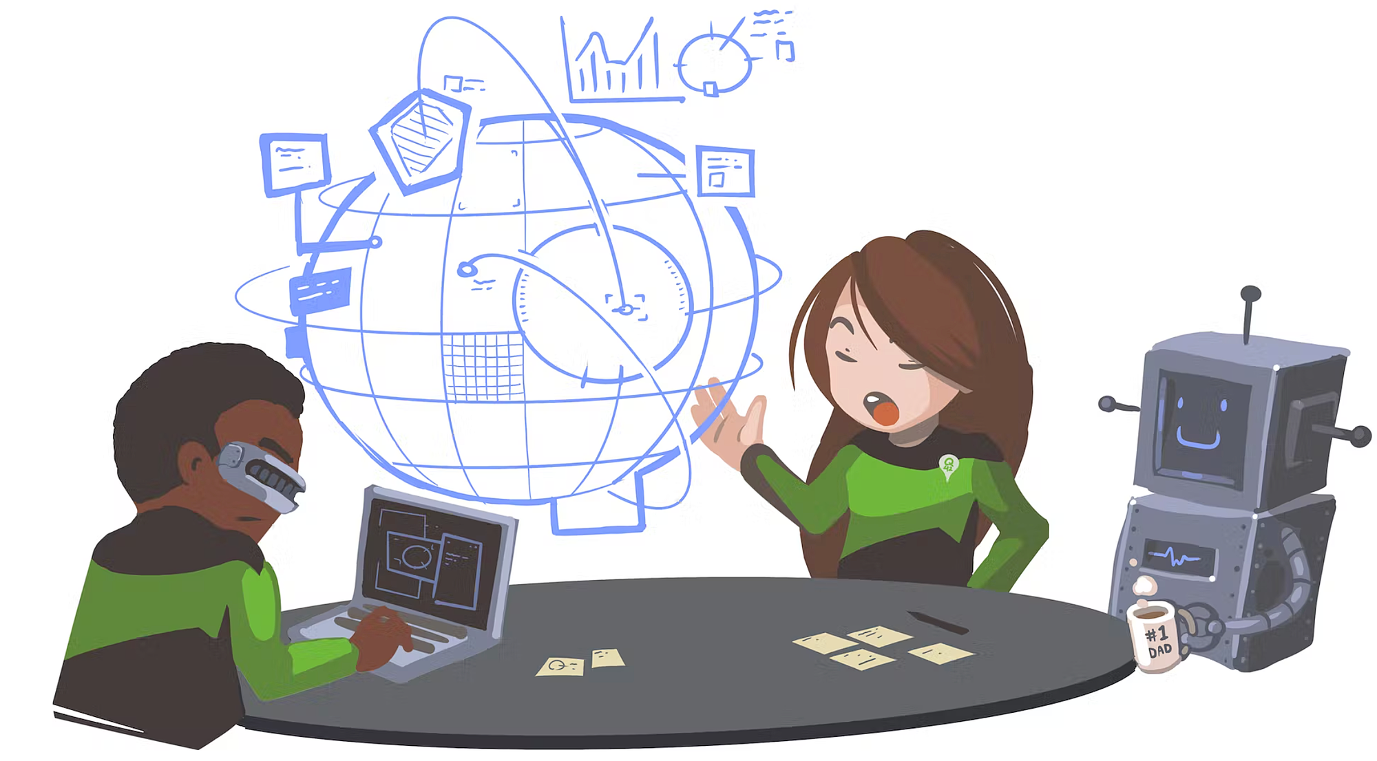 Illustratie van twee figuren plus een robot aan een ronde tafel die technologische ideeën bespreken.