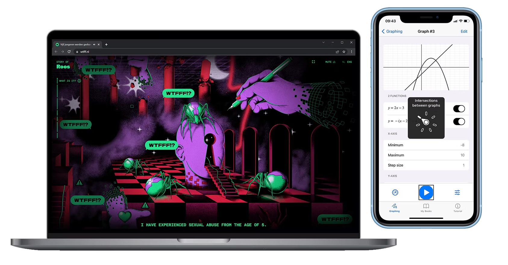 Laptop met de website WTFFF!? en een mobiele telefoon met de app SenseMath.