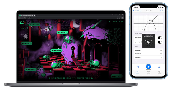 Laptop met de website WTFFF!? en een mobiele telefoon met de app SenseMath.