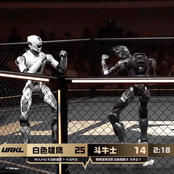 Two humanoid robots fight at the Ultimate Robot Knock-out Legend