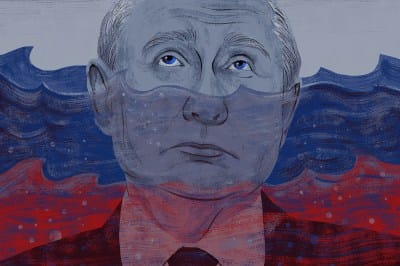 An illustration depicting a man submerged up to his nose in water. The wavy water is divided horizontally into three color bands that mimic a flag: white foam at the very top peaks, a deep blue middle section filled with bubbles, and a red lower section covering his neck and suit jacket. His blue eyes look upward with a wide, strained expression.