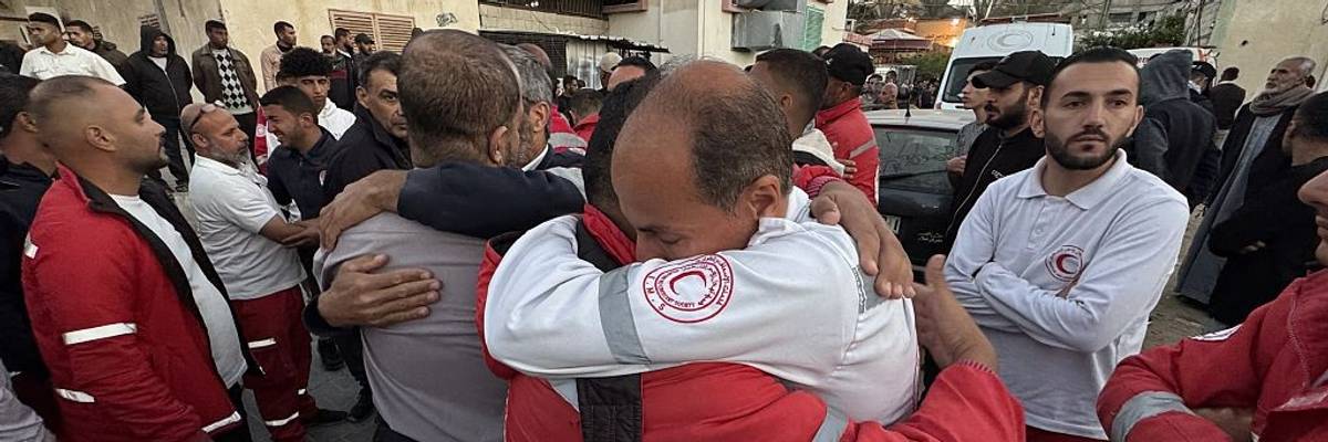 Bodies of civil defense members killed by Israel in Gaza brought to Nasser Hospital