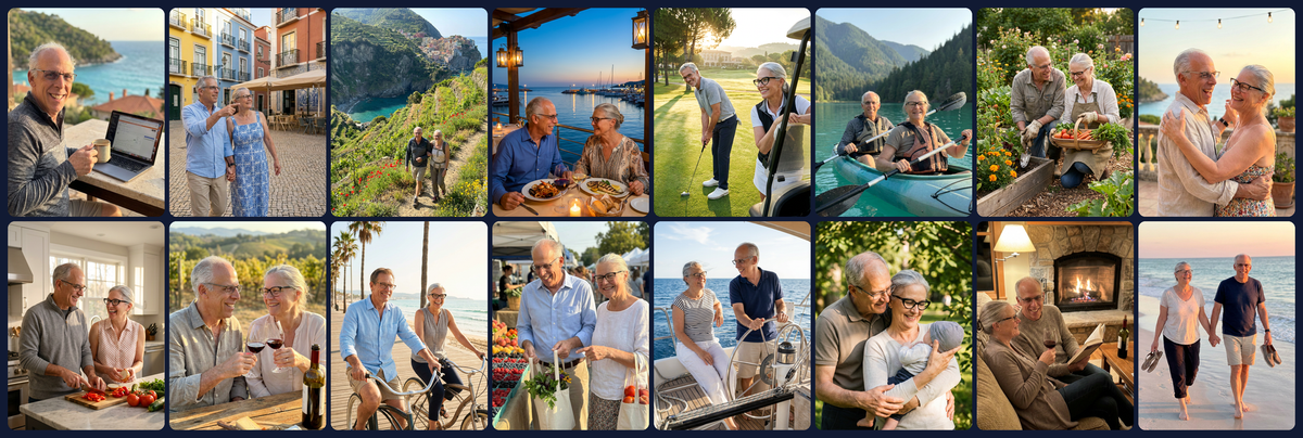Collage of happy retirees enjoying an active, well-funded retirement: traveling, dining, golfing, kayaking, gardening, cycling, cooking, relaxing by the fire, and beach walks.