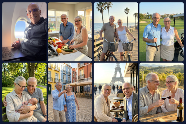Richard Dias and his wife in retirement: travel, golf, biking, cooking, and a new grandchild, the life steady income streams are meant to fund