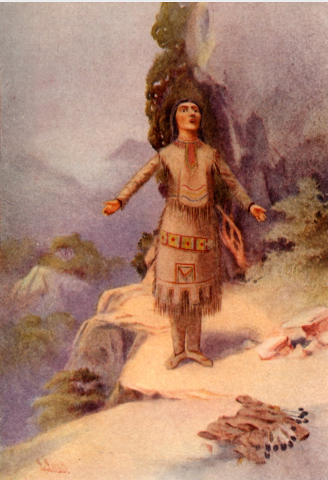 a painting of a young native woman in embroidered leather top and skirt with leggings, standing with arms out and looking skyward. she is on a path with some articles of clothing scattered nearby