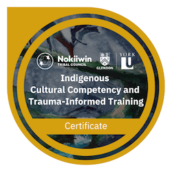 Indigenous Cultural Competency and Trauma Informed Training badge/certificate from Nokiiwin Tribal Council and York University, Gledon College. It's mustard yellow circle with a corner in the top left and the centre, with text, is a greyscale image of branches.