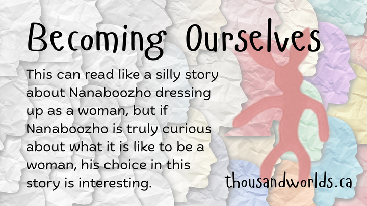 Nanaboozho as a rabbit on top of paper faces shifting from white to multicoloured. Becoming Ourselves