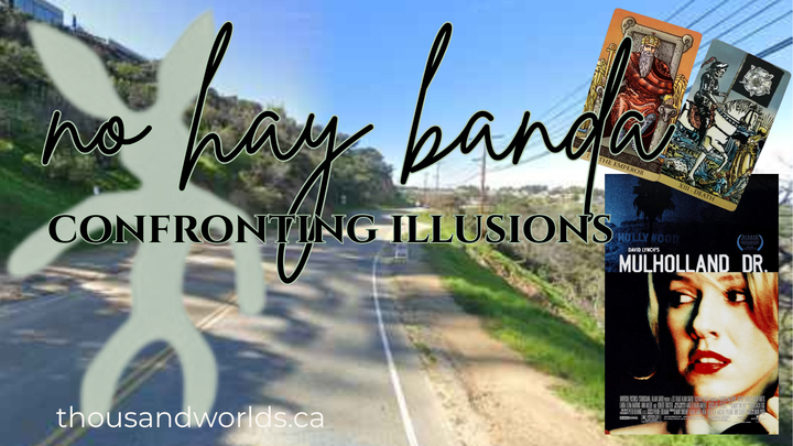 a road scene, a rabbit. cover of Mulholland Drive and the death and emperor tarot cards. No hay banda. Confronting illusions
