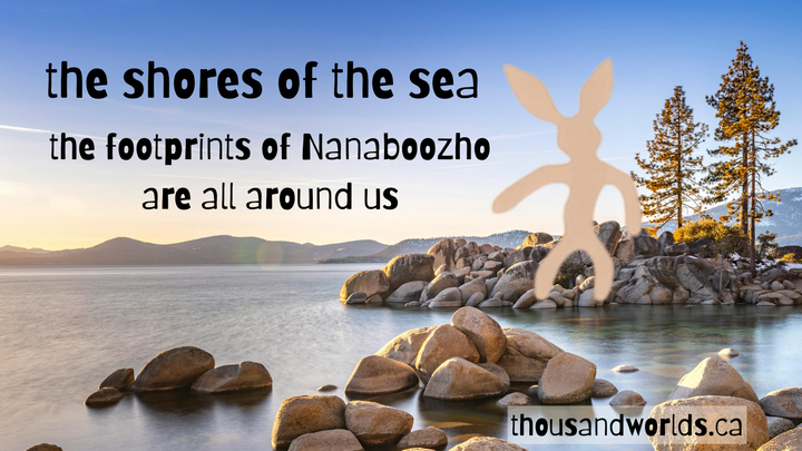 a scene from Lake Superior with an island and the shore. The shores of the sea. The footprints of Nanaboozho are all around us