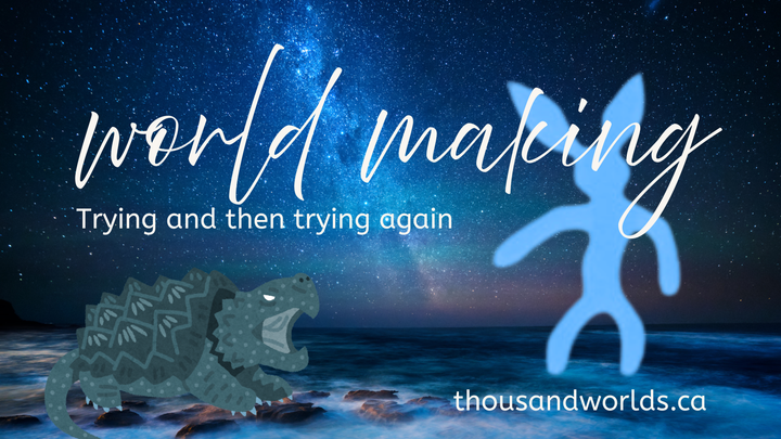 nanaboozho and a snapping turtle. Ocean background, starry sky. World making: trying and then trying aga