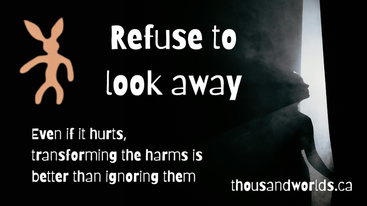 Black background, a shaft of light illuminates a woman looking outside.  Refuse to look away. Even if it hurts, transforming the harms is better than ignoring them
