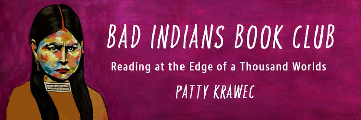 burgundy background with a young woman, long dark hair and a brown dress to the side, she's staring straight ahead. Bad Indians Book Club: Reading at the Edge of a Thousand Worlds