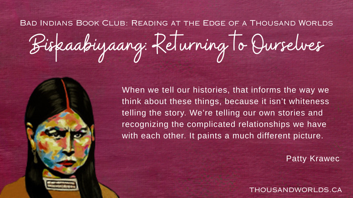 burgundy background with a young woman, long dark hair and a brown dress to the side, she's staring straight ahead. Bad Indians Book Club: Reading at the Edge of a Thousand Worlds