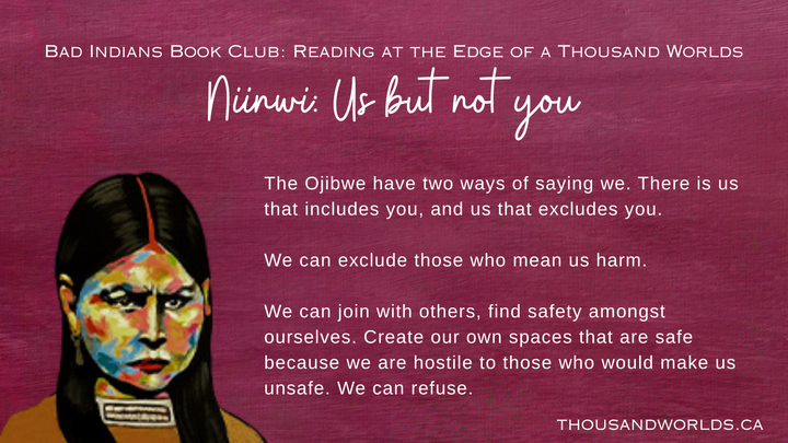 burgundy background with a young woman, long dark hair and a brown dress to the side, she's staring straight ahead. Bad Indians Book Club: Reading at the Edge of a Thousand Worlds