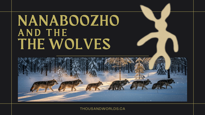 a pack of wolves walks in single file in a snowy forest. Nanaboozho as a rabbit petroglyph. Nanaboozho and the wolves.
