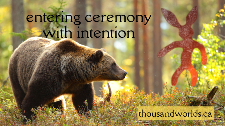 brown bear in a woodland setting. a firey image of nanaboozho as a rabbit to the right. Entering ceremony with intention