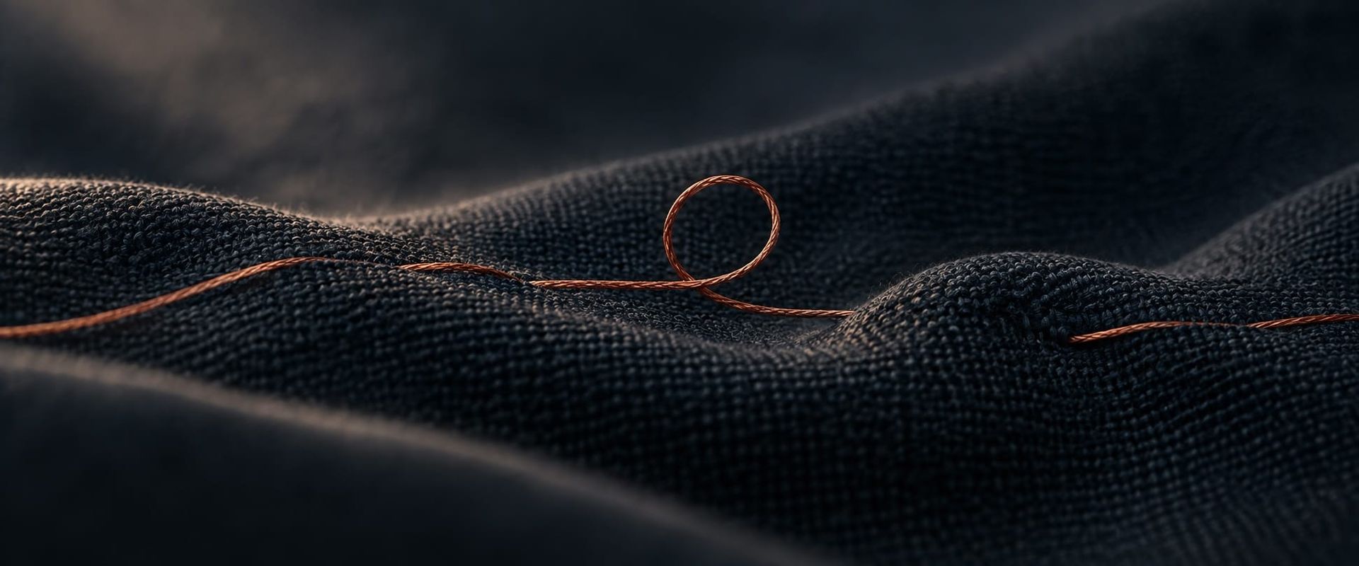 A copper-colored thread runs across dark woven fabric, forming an open loop.