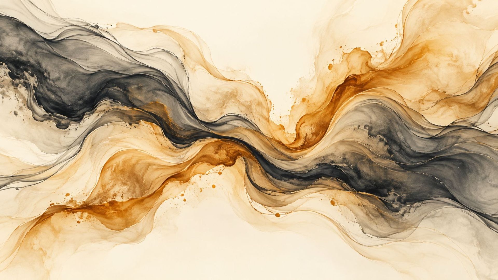 Charcoal and amber ink currents flow across an ivory background, separating and weaving together.