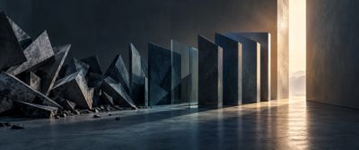 Abstract architectural scene moving from fragmented dark forms to ordered structures opening toward light.