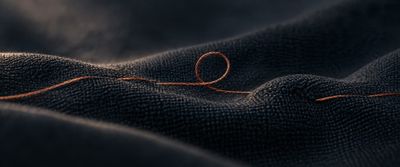 A copper-colored thread runs across dark woven fabric, forming an open loop.