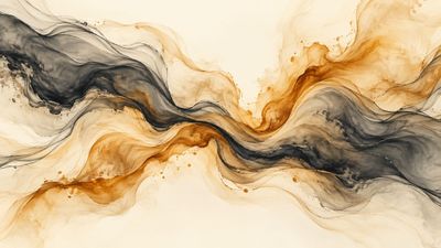 Charcoal and amber ink currents flow across an ivory background, separating and weaving together.