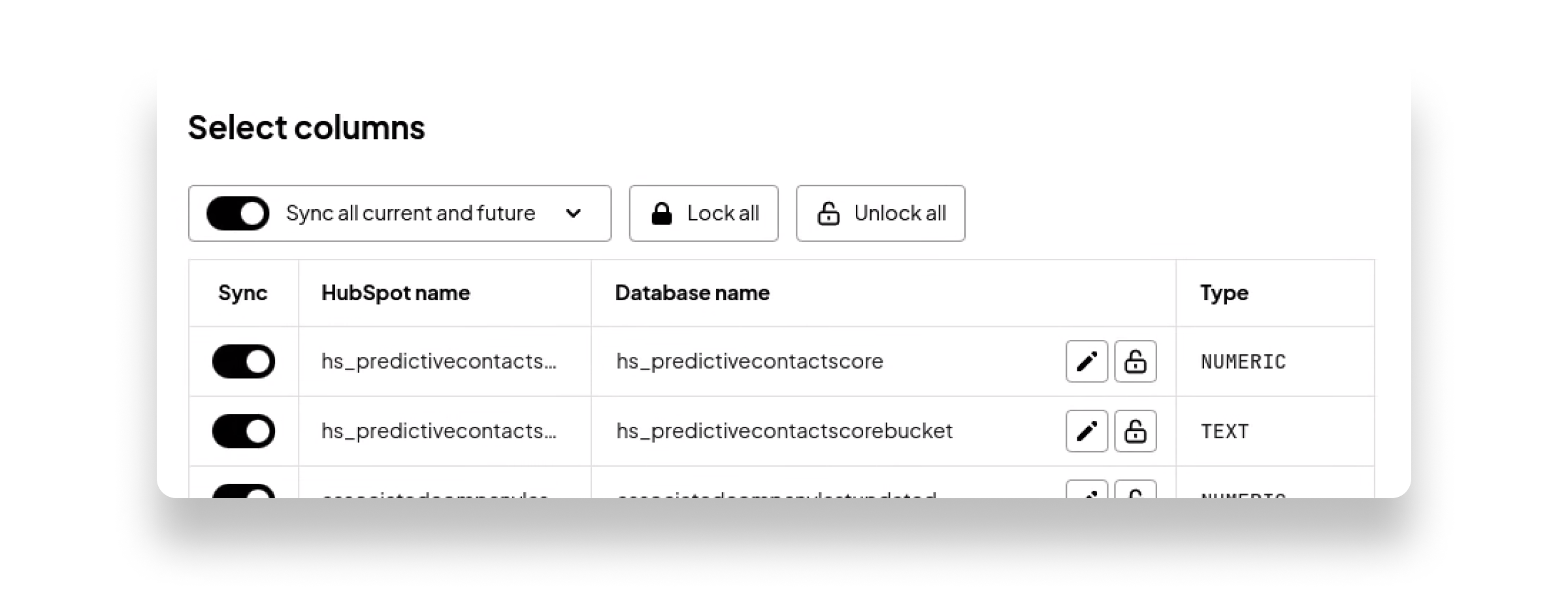 Select tables to sync