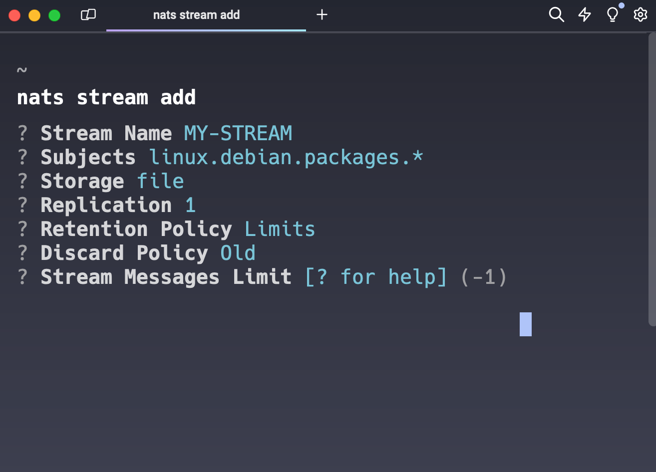 the nats CLI with an interactive setup/walkthrough of a new stream