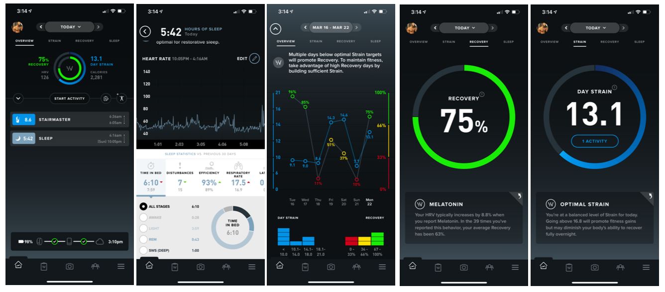 A person wearing a Whoop 4.0 band and looking at their phone with data on the screen