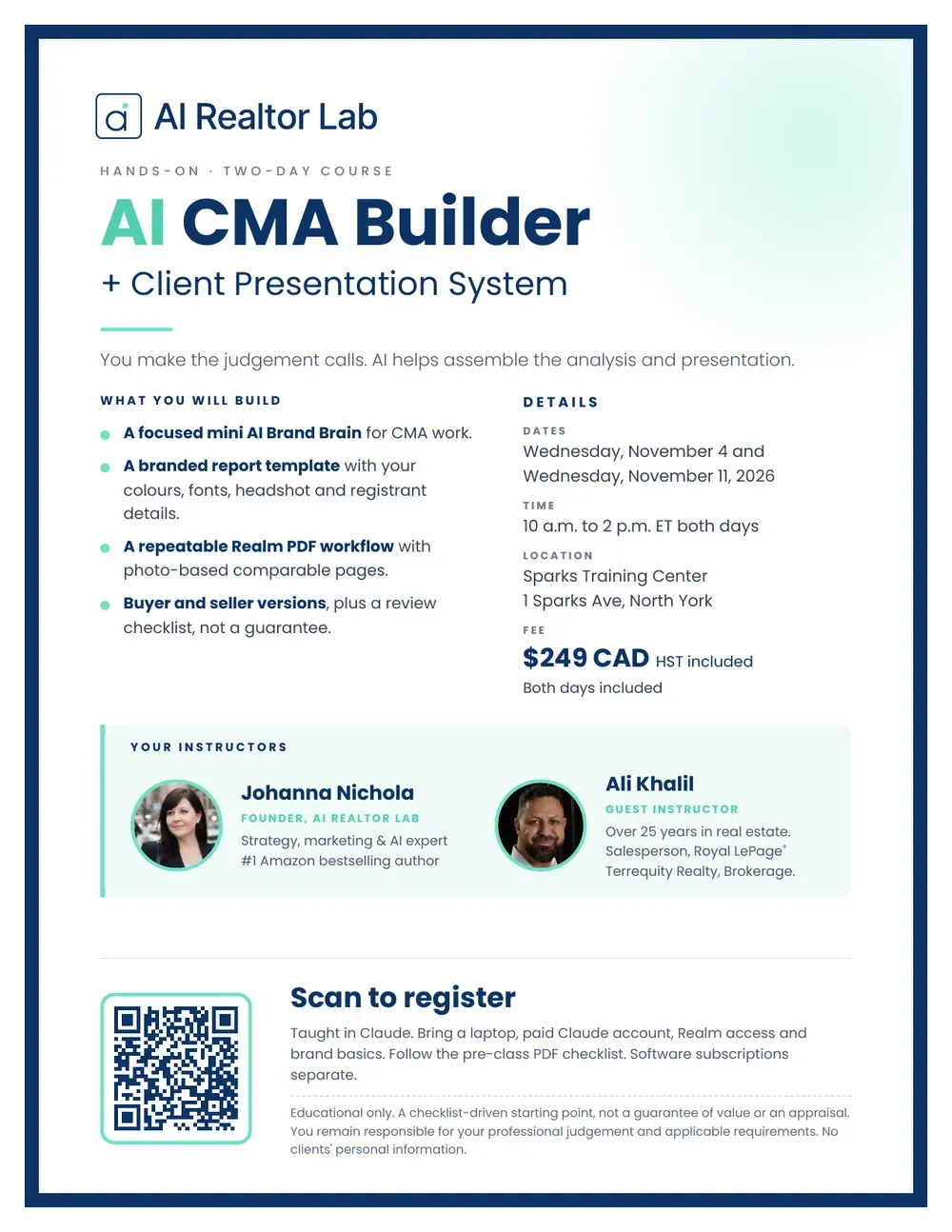 AI CMA Builder + Client Presentation System, a two-day hands-on course in North York, Toronto, Nov 4 and 11, 2026, $249 CAD