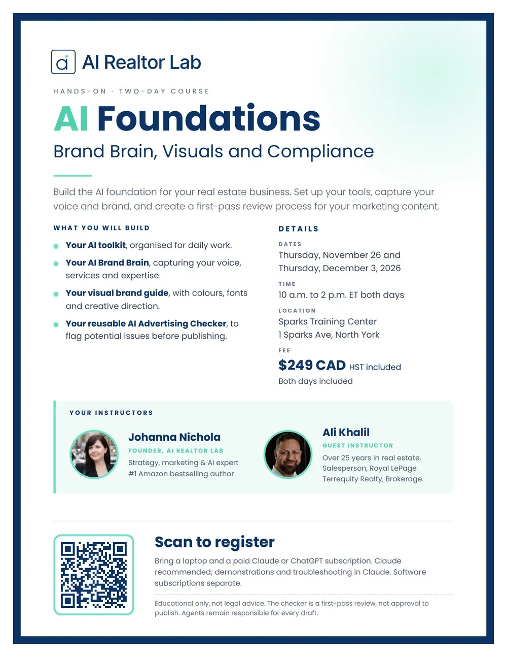 AI Foundations: Brand Brain, Visuals and Compliance, a two-day hands-on course in North York, Toronto, Nov 26 and Dec 3, 2026, $249 CAD