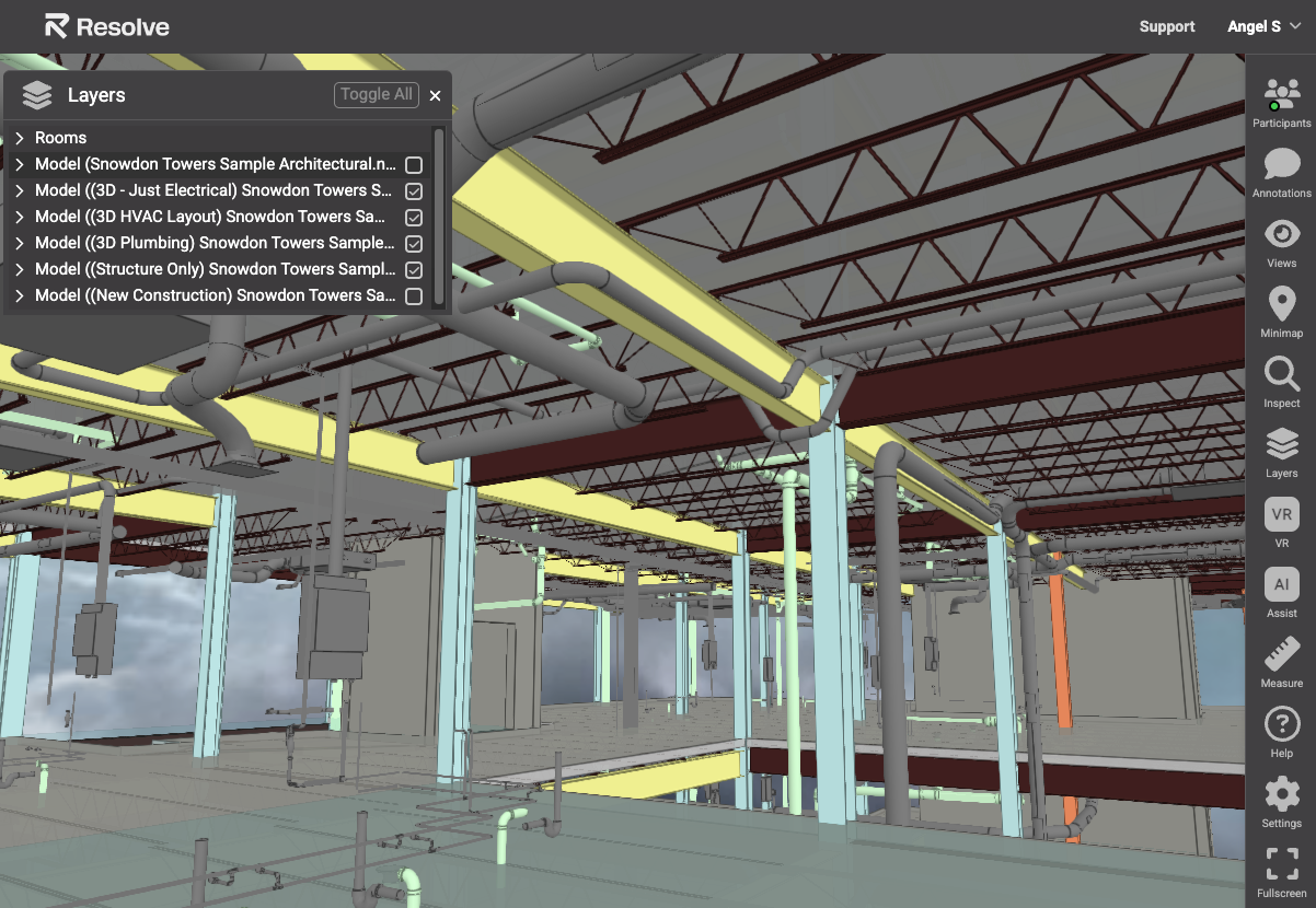 An image of a federated BIM model in Resolve showing multiple layers selected at once