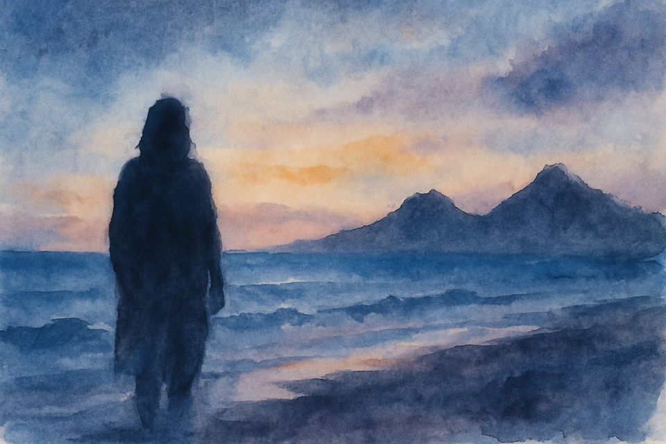 Watercolor of a solitary figure standing on a Hawaiian shore at dusk, facing the ocean and distant volcanic peaks.