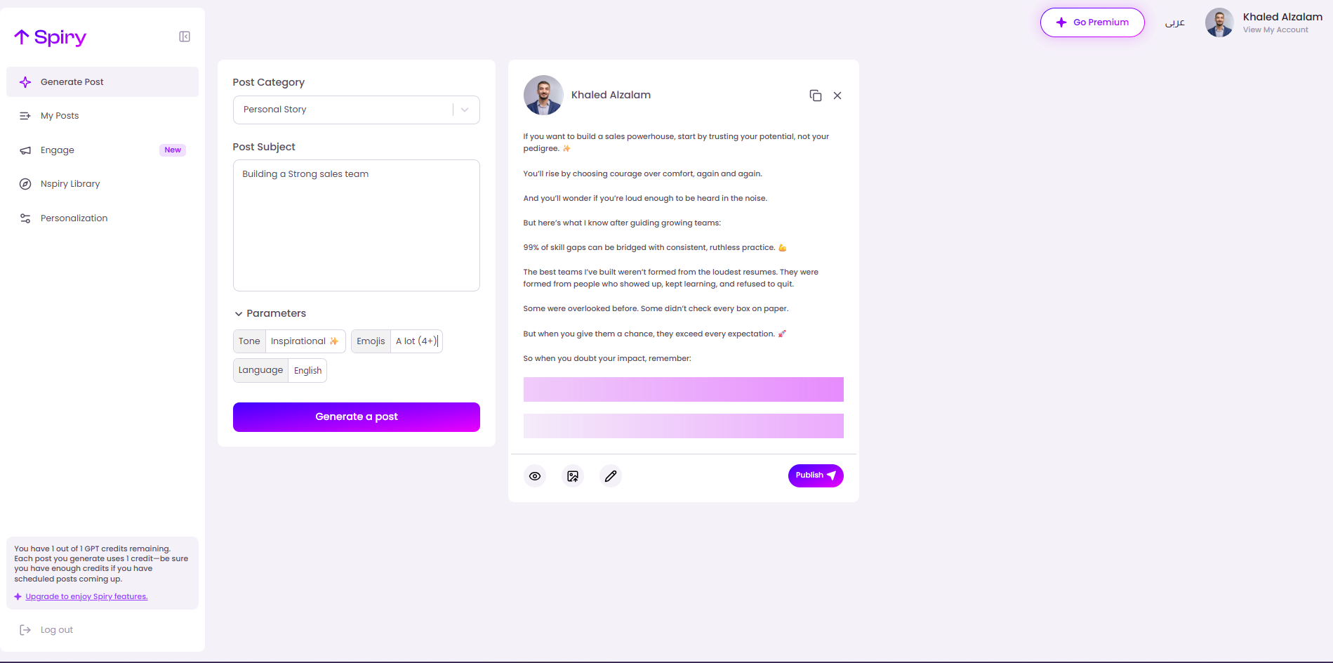 Create high-performing LinkedIn posts in seconds using Spiry’s AI-powered dashboard. Choose your topic, tone, and post format, then generate ready-to-publish content tailored to your personal brand eliminating writer’s block and saving hours of manual work.
