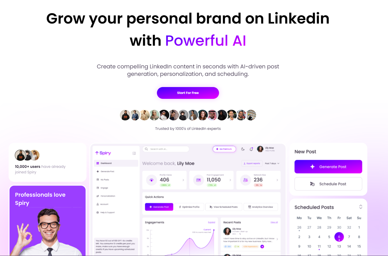 Spiry is an AI-powered LinkedIn personal branding platform that helps professionals create content, schedule posts, and engage strategically all from one dashboard. Grow visibility, authority, and inbound opportunities without spending hours on LinkedIn.