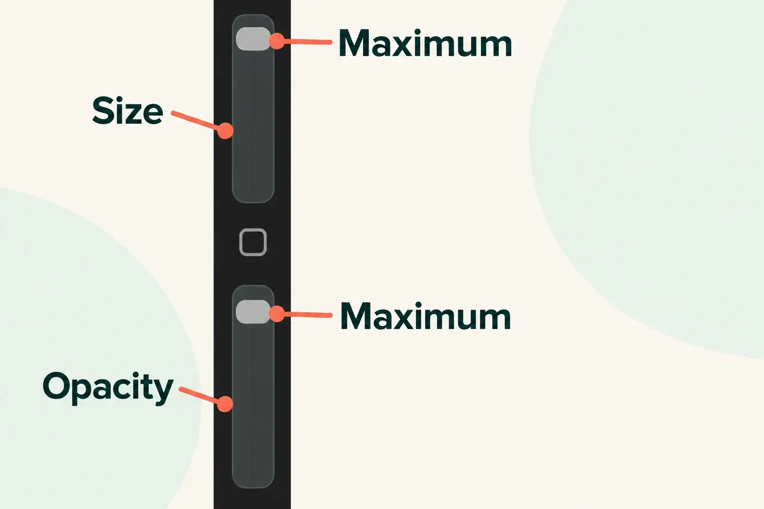 Procreate size and opacity sidebar sliders enlarged, with both handles at maximum.