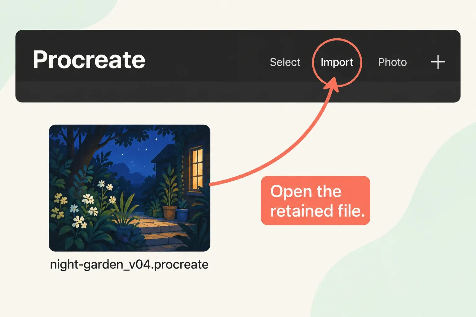 Gallery Import points to the retained night-garden_v04.procreate file for opening a separate copy.