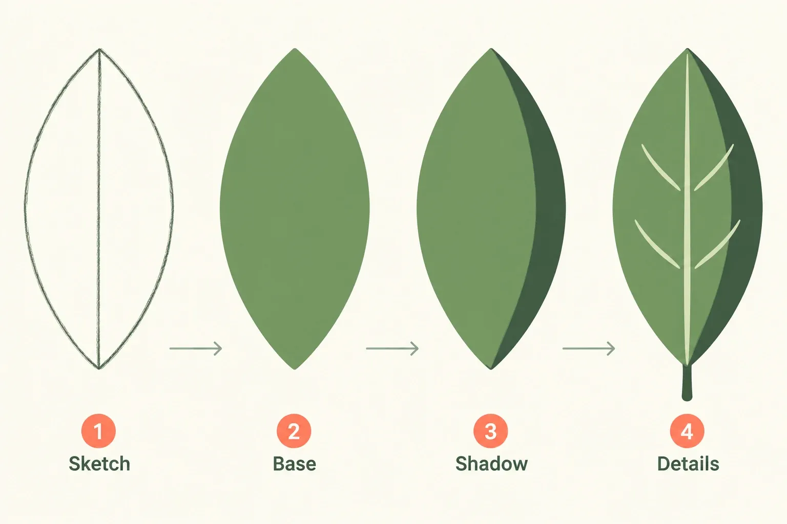 Four stages of the same leaf: pencil sketch, filled green base, clipped right-side shadow, then four side veins and a stem.