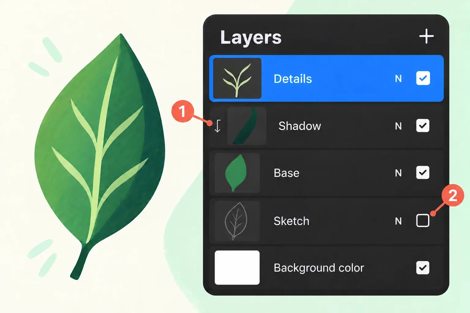 Layers panel with ordinary Details above clipped Shadow, filled Base, hidden Sketch and visible white Background color.