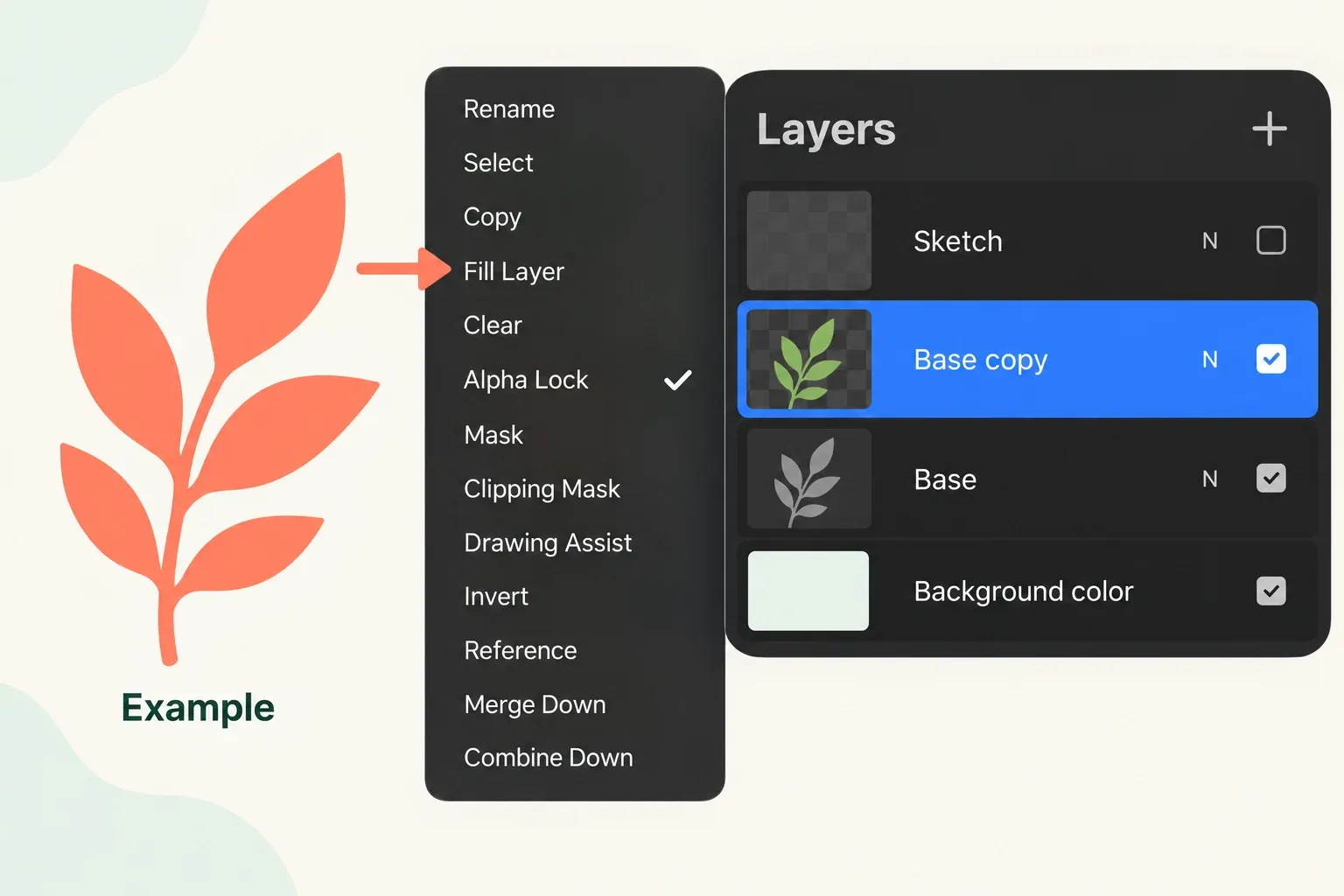 Alpha Locked Base copy above the retained Base, with Fill Layer identified in Layer Options.