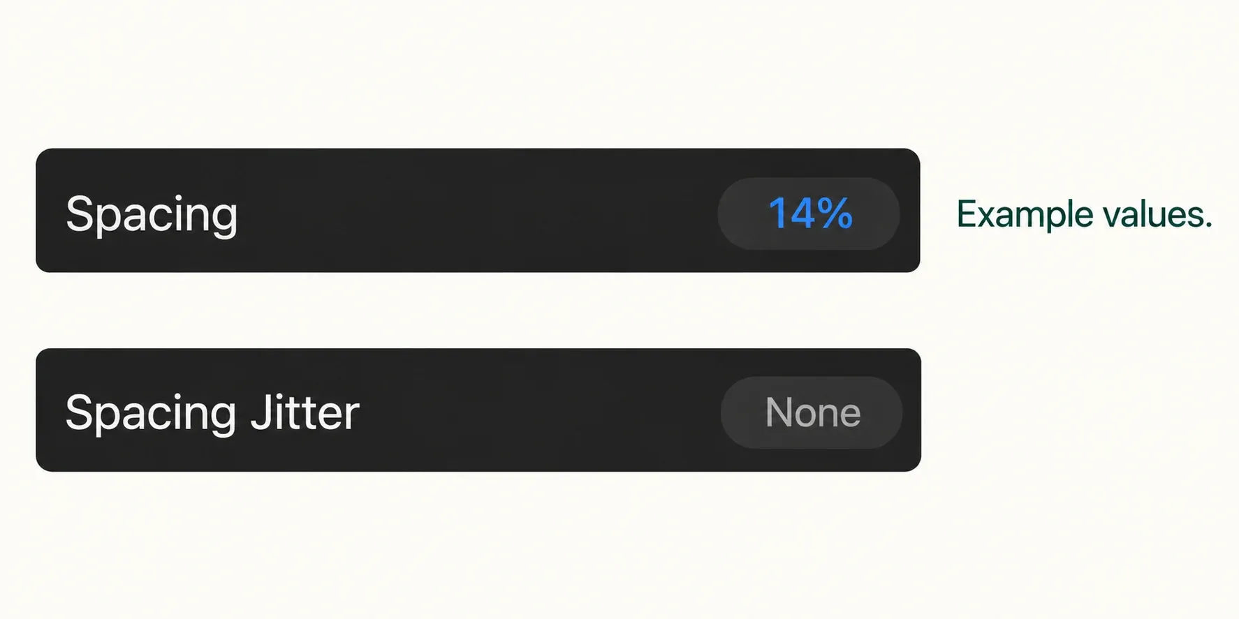 Spacing and Spacing Jitter label-and-value crops showing the example values 14% and None.