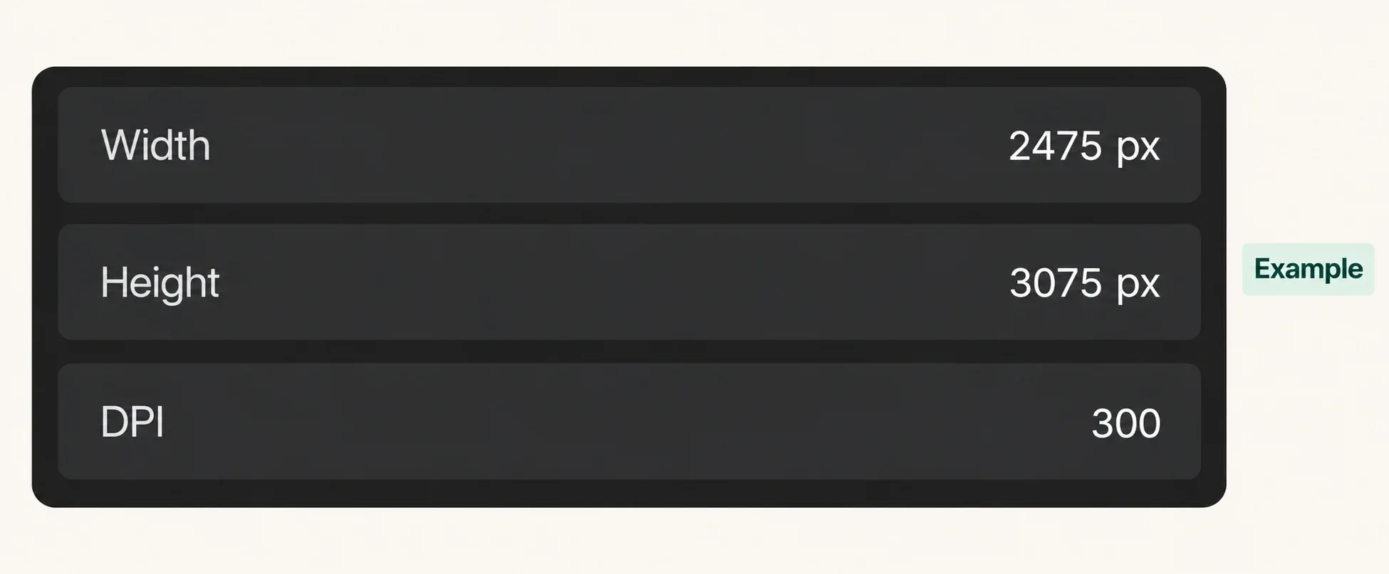 Custom Canvas Dimensions example with Width 2475 px, Height 3075 px and DPI 300.