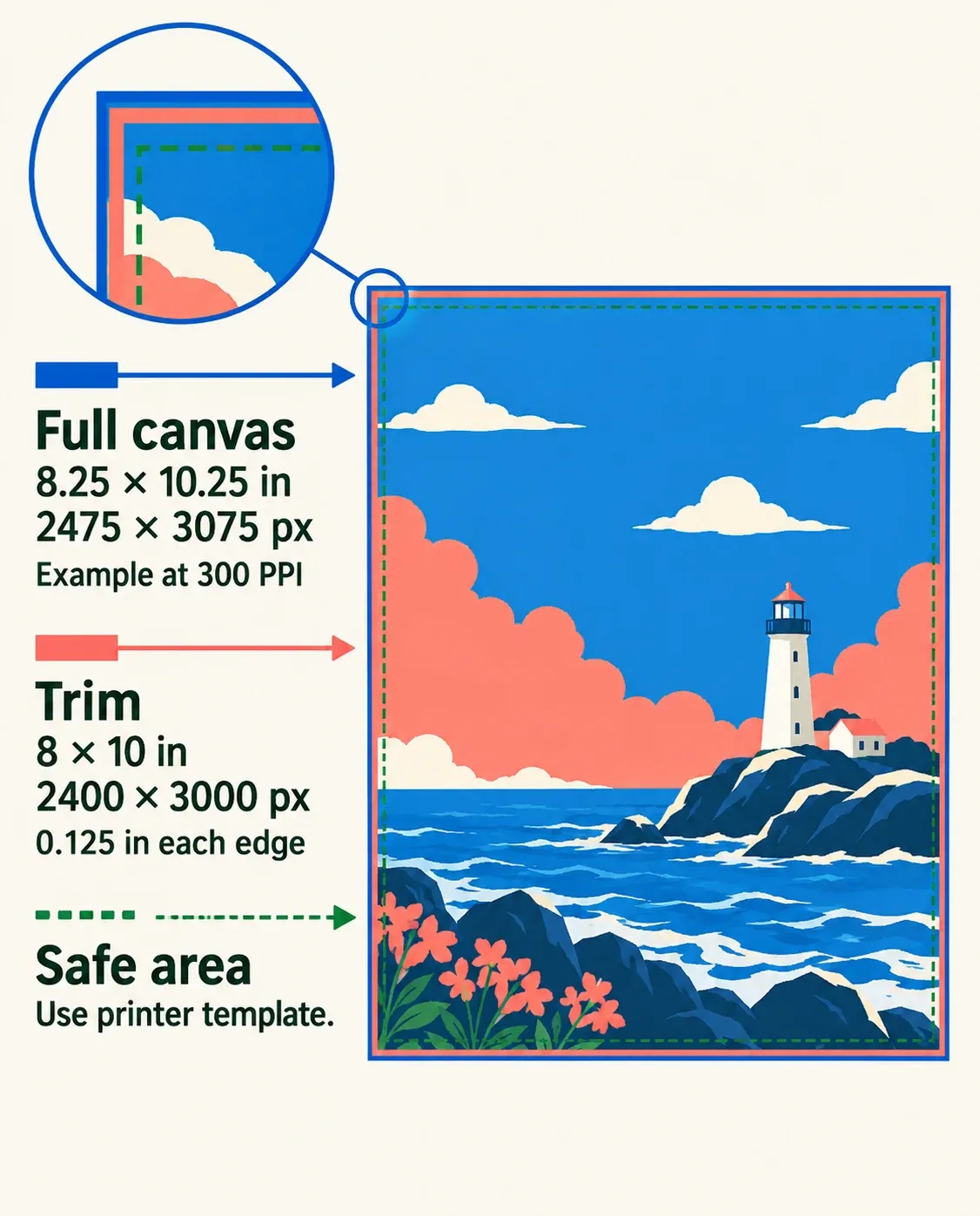 Bleed-inclusive 2475 × 3075 pixel canvas around a 2400 × 3000 pixel trim, with a separate inner safe-area guide.