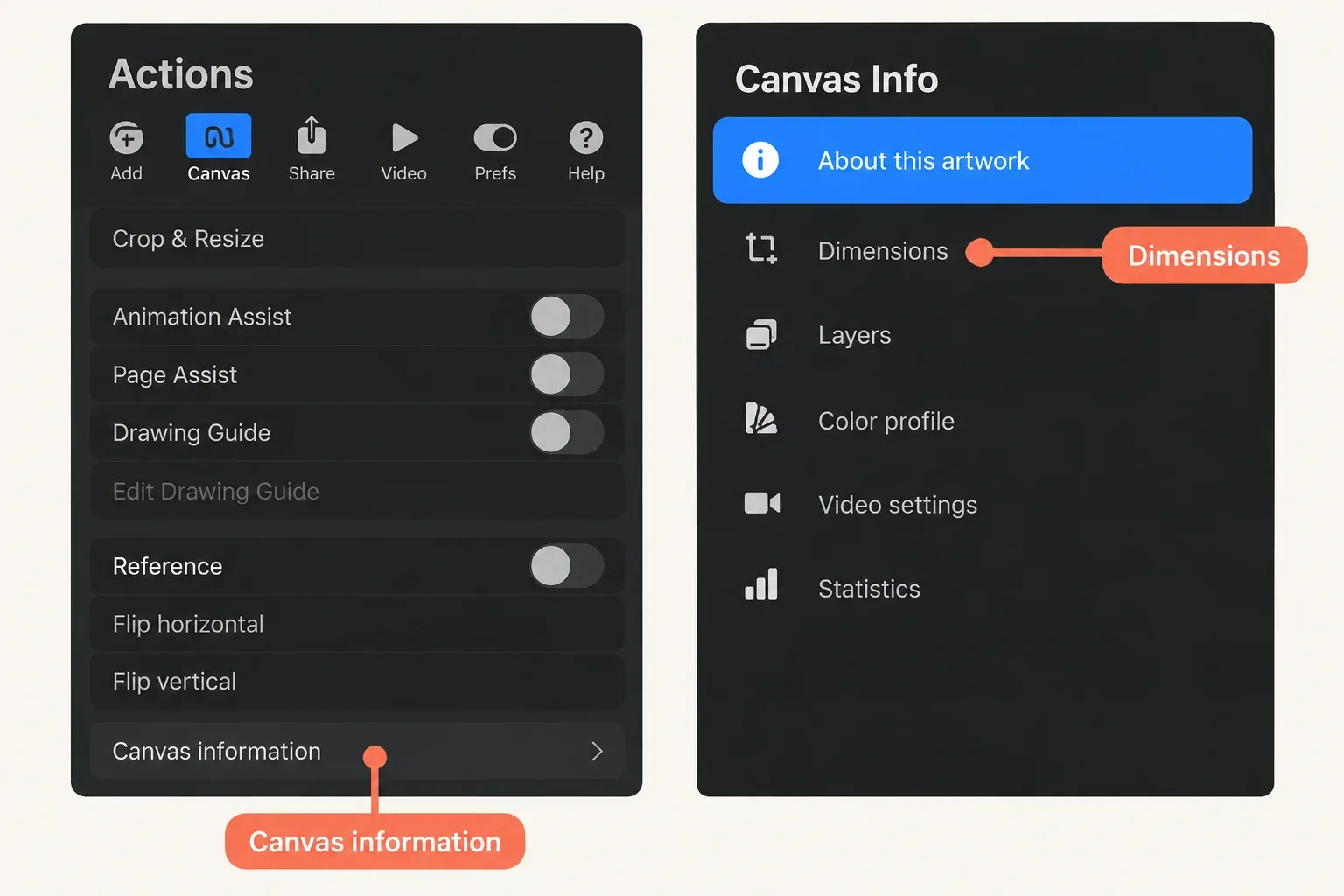 Canvas information entry in Actions Canvas beside the Dimensions navigation entry in Canvas Info.