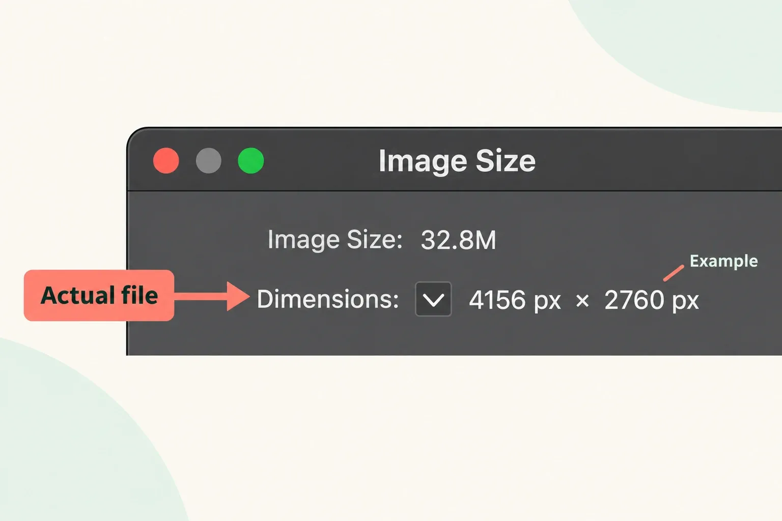 Photoshop desktop Image Size dialog with the Dimensions pixel count identified for the actual file.