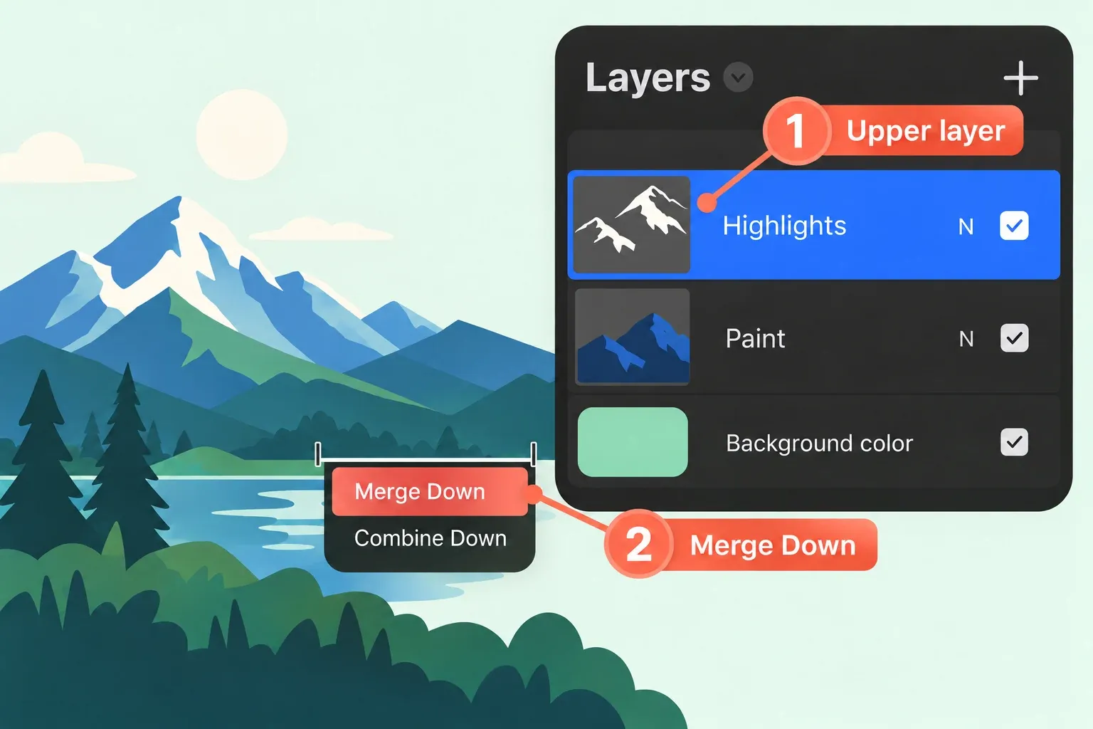 Layer Options for Highlights above Paint with Merge Down identified and Combine Down left unselected.