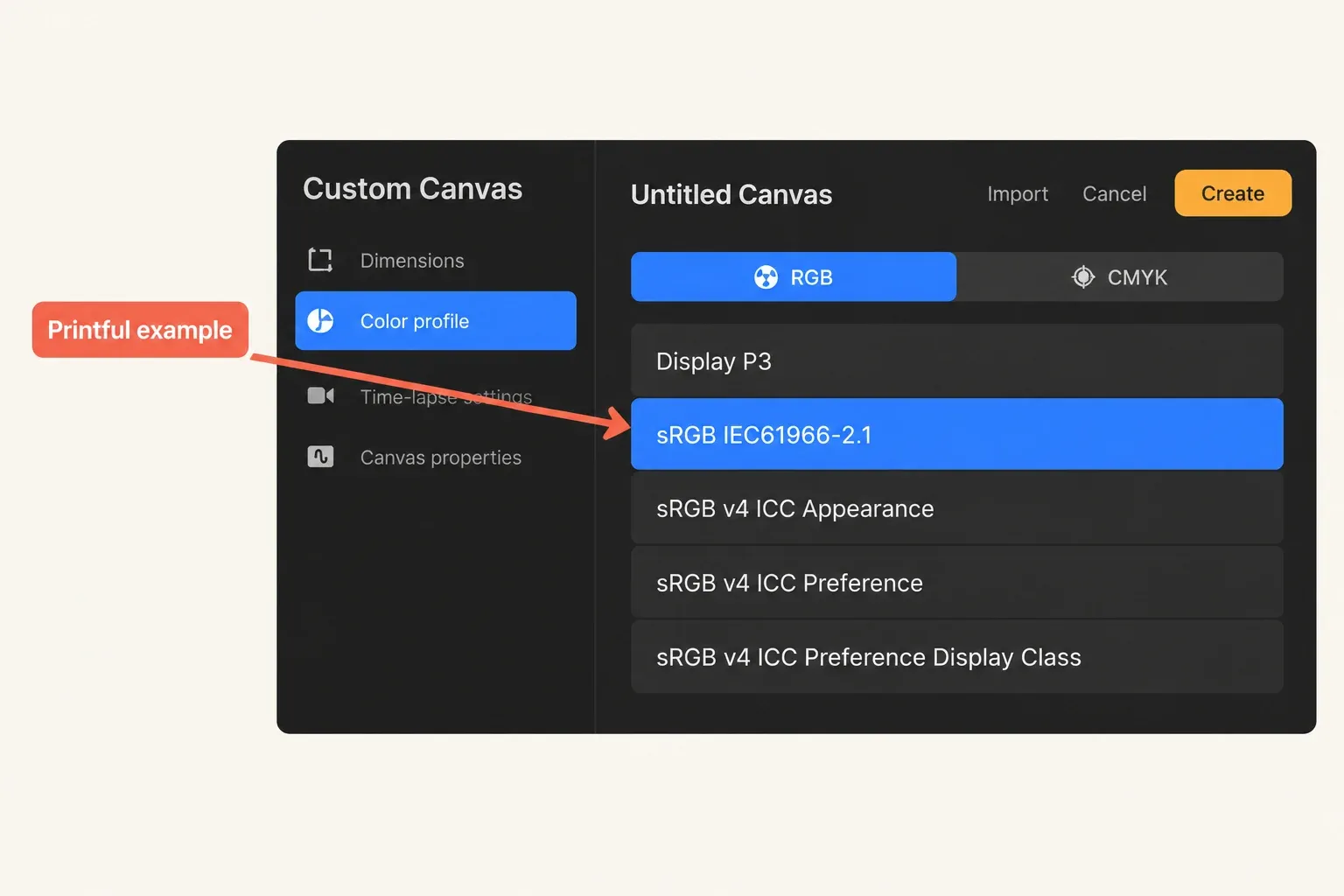 New Custom Canvas Color profile with RGB and sRGB IEC61966-2.1 selected for the Printful example.